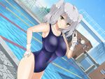  1girl blue_eyes blue_sky blue_swimsuit breasts building chain-link_fence clock collarbone fence gloves kantai_collection kashima_(kancolle) large_breasts outdoors pachio poolside school school_swimsuit silver_hair sky solo swimsuit twintails white_gloves 