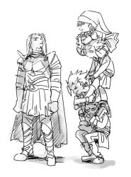  1girl 4boys armor arms_at_sides beard braid camus_(dq11) carrying dragon_quest dragon_quest_xi facial_hair full_body greig_(dq11) greyscale hat heavy hero_(dq11) homeros_(dq11) mari-mason monochrome multiple_boys piggyback short_hair smile stacking veronica_(dq11) 