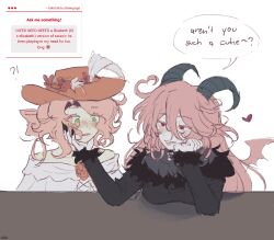  2girls absurdres black_dress demon_girl demon_horns dress elizabeth_(takobatsu) funamusea green_eyes highres horns lil_(funamusea) long_hair looking_at_another multiple_girls original pink_hair red_eyes takobatsu very_long_hair 