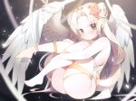  1girl angel angel_wings bangs bare_shoulders blonde_hair blurry blurry_foreground blush breasts choker closed_mouth commission double_bun eyebrows_behind_hair feet flower forehead full_body hair_flower hair_ornament knees_up long_hair looking_at_viewer original parted_bangs sen_light sideboob sitting solo sparkle thigh_strap thighs toes wings 