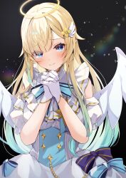  1girl aizawa_ema angel_wings aqua_hair black_background blonde_hair blue_bow blue_bowtie blue_eyes bow bowtie closed_mouth dress dress_bow earrings gloves gradient_hair halo hands_up highres jewelry long_hair looking_at_viewer multicolored_hair own_hands_clasped own_hands_together praying short_sleeves simple_background virtual_youtuber vspo! white_dress white_gloves white_wings wing_hair_ornament wings yukijirushi_e 