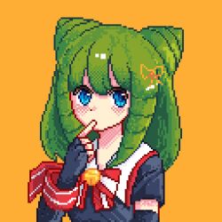  1girl alternate_hairstyle bell blue_eyes bow bowtie cuffs double_bun ebm7-5 elbow_gloves finger_to_mouth gloves green_hair hair_bun hair_ornament highres jingle_bell kartrider light_blush long_hair looking_at_viewer pixel_art red_bow red_bowtie simple_background solo tiera_(kartrider) wrist_cuffs yellow_background 