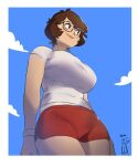 1boy 1girl border breasts brown_eyes brown_hair clouds covered_navel english_commentary giant giantess glasses impossible_clothes large_breasts looking_to_the_side looking_up original red_shorts shirt short_hair shorts sketch sky smile snowcie snowciel white_border white_shirt 