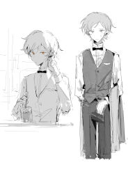 1boy absurdres alcohol alternate_costume bow bowtie buttons chinese_commentary closed_mouth collared_shirt commentary_request counter cropped_legs cropped_torso danganronpa_(series) danganronpa_another danganronpa_another:_another_despair_academy dress_pants dress_shirt ear_piercing english_commentary formal glass handkerchief high_collar highres holding_own_ears korean_commentary light_smile long_sleeves looking_at_viewer maeda_yuki male_focus mixed-language_commentary multiple_views orange_eyes parted_lips piercing pocket shirt short_hair spot_color standing super_danganronpa_another_2 sutoroboraito sweatdrop towel_on_arm traditional_bowtie v-neck vest waiter white_background