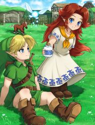  1boy 1girl belt blue_eyes blue_sky blush boots bottle brown_footwear brown_hair closed_mouth clouds commentary dress english_commentary epona fairy fairy_wings fence fgsketch green_hat green_tunic hat highres holding holding_bottle holding_glass_bottle horse link lon_lon_milk long_hair malon navi outdoors pointy_ears print_dress scarf sky smile standing sword sword_on_back the_legend_of_zelda the_legend_of_zelda:_ocarina_of_time tunic weapon weapon_on_back white_dress wings wooden_fence yellow_scarf young_link 