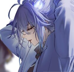  1boy antenna_hair arms_up black_shirt blue_hair blue_jacket blurry blurry_background chain chain_necklace closed_eyes doku_kobuko eyelashes from_side hair_between_eyes hair_tie hair_tie_in_mouth hitodama holostars jacket jewelry long_hair long_sleeves male_focus minase_rio mouth_hold multicolored_hair necklace official_alternate_costume out_of_frame profile purple_hair shirt sidelocks solo_focus streaked_hair turtleneck tying_hair upper_body virtual_youtuber white_background yatogami_fuma 