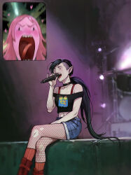  2girls adelheid_(moschiola) adventure_time asymmetrical_hair black_choker black_hair blurry blush choker colored_skin commentary crossed_legs drum drum_set english_commentary fan_screaming_at_madison_beer_(meme) fishnet_pantyhose fishnets heart highres holding holding_microphone instrument long_hair marceline_abadeer meme microphone midriff multiple_girls navel off-shoulder_shirt off_shoulder official_alternate_hairstyle open_mouth pantyhose pink_hair pink_skin pointy_ears ponytail princess_bonnibel_bubblegum shirt short_shorts shorts sidecut solid_oval_eyes tongue torn_clothes torn_pantyhose undercut very_long_hair 