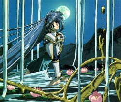  1990s_(style) 1girl armor armored_dress artbook blue_eyes blue_hair blue_hairband blunt_bangs border fingernails full_moon hairband highres lily_pad long_hair magic_knight_rayearth melting moon mountainous_horizon night night_sky official_art pale_skin pleated_skirt retro_artstyle ripples ryuuzaki_umi scan skirt sky solo very_long_hair water 