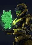  1boy 1girl absurdres animal_ears black_background bow commentary_request crossover hair_bow halo_(game) halo_infinite highres hologram horse_ears horse_girl king_halo_(umamusume) looking_down oberon826 open_hand partial_commentary power_armor pun science_fiction smile spartan_(halo) umamusume visor 