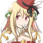  1girl animal_ears arch_bishop_(ragnarok_online) bangs black_bow blonde_hair bow cleavage_cutout closed_mouth clothing_cutout commentary_request cross dress eyebrows_visible_through_hair floppy_ears flower flower_in_mouth hat hat_bow long_hair looking_at_viewer natsuya_(kuttuki) pink_eyes rabbit_ears ragnarok_online red_dress red_headwear simple_background solo top_hat two-tone_dress upper_body white_background white_dress white_flower winged_hat 