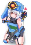 1girl apex_legends blush breasts cable eyebrows_visible_through_hair genderswap genderswap_(mtf) gun helmet holding holding_gun holding_weapon jam_(jamjam777) knee_pads mecha_musume medium_breasts one_eye_closed pathfinder_(apex_legends) personification prowler_smg red_eyes screen shadow sideboob smile solo squatting submachine_gun weapon white_background white_hair 