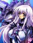  1girl 2000s_(style) :o bangs black_gloves blue_eyes blush breasts eyebrows_visible_through_hair fortified_suit gloves inia_sestina large_breasts long_hair looking_at_viewer mecha muvluv muvluv_alternative muvluv_total_eclipse open_hand orange_eyes parted_lips pilot_suit purple_hair su-37_terminator_(muvluv) tactical_surface_fighter wpdh4443 