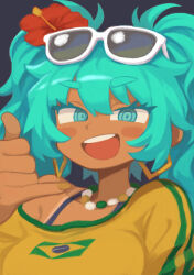  1girl absurdres aqua_eyes aqua_hair blush brazilian_flag_print brazilian_miku breasts dark-skinned_female dark_skin earrings flower hair_between_eyes hair_flower hair_ornament hatsune_miku hibiscus highres jewelry long_hair looking_at_viewer mizuno_(okn66) necklace open_mouth red_flower shirt sidelocks simple_background solo sunglasses tan twintails upper_body vocaloid 