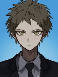  1boy black_jacket black_necktie blue_background brown_eyes closed_mouth collared_shirt danganronpa_(series) danganronpa_3_(anime) formal gradient_background highres hinata_hajime jacket male_focus necktie official_alternate_costume sei_yaaa shirt short_hair simple_background solo spiky_hair 