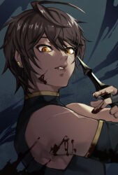  1boy black_gloves black_hair blood blood_on_face dark-skinned_male dark_skin elbow_gloves fingerless_gloves gloves granblue_fantasy hair_between_eyes highres jamil_(granblue_fantasy) kei9969 looking_at_viewer male_focus scar scar_on_face scar_on_shoulder short_hair solo white_scars yellow_eyes 