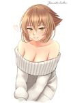 1girl bare_shoulders blush breasts brown_hair cropped_arms cropped_legs green_eyes hair_between_eyes heart highres kantai_collection large_breasts looking_at_viewer mutsu_(kancolle) off-shoulder_sweater off_shoulder rekka_yamato short_hair smile solo sweater white_background white_sweater 