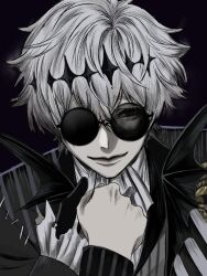  2boys bishounen black_crown crown cyokoaisu0708 diamond_hairband formal gloves halloween jacket kiss kissing_hand long_sleeves looking_at_viewer male_focus multiple_boys pinstripe_jacket pinstripe_pattern pinstripe_suit pinstripe_vest round_eyewear short_hair skeleton skeleton_print skully_j._graves smile smirk solo_focus stitches striped_clothes striped_jacket striped_vest suit sunglasses twisted_wonderland vertical-striped_clothes vertical-striped_jacket vertical-striped_vest vest white_hair 