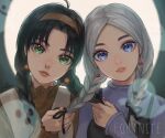  2girls alternate_costume blue_eyes braid brown_hair closed_mouth earrings fortnite freckles full_moon green_eyes hair_ornament highres jewelry jules_(fortnite) looking_at_viewer moon multiple_girls night piercing purple_sweater sweater toisan33 torin_(fortnite) 