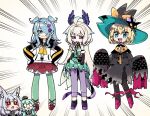  5girls :3 animal_ear_fluff animal_ears black_cat black_dress black_footwear black_gloves blonde_hair blue_hair bow cat chibi cosplay crown dragon_tail dress elbow_gloves elira_pendora eyebrows_visible_through_hair fang finana_ryugu finana_ryugu_(cosplay) flower fox_ears fox_girl gloves green_hair green_legwear green_skirt grey_hair hair_flower hair_ornament hair_over_one_eye halter_top halterneck hands_on_hips hat hat_bow head_fins head_wings high-waist_skirt long_hair millie_parfait multiple_girls nijisanji nijisanji_en nina_kosaka one_eye_covered open_mouth orange_bow pants pantyhose petra_gurin petra_gurin_(cosplay) pink_footwear pomu_rainpuff pomu_rainpuff_(cosplay) purple_flower purple_pants red_eyes red_flower red_rose red_skirt reimu_endou reimu_endou_(cosplay) rose rosemi_lovelock rosemi_lovelock_(cosplay) selen_tatsuki selen_tatsuki_(cosplay) shoes skin_fang skirt sleeves_past_fingers sleeves_past_wrists smile sneakers sumiya_nadateru tail two-tone_hoodie v-shaped_eyebrows very_long_hair virtual_youtuber white_flower witch_hat 