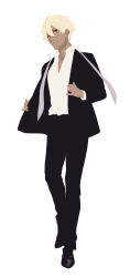  1boy 86_-eightysix- black_footwear black_jacket black_pants blonde_hair dark_skin formal full_body highres jacket necktie pants red_eyes shirabi shirt short_hair simple_background solo solo_focus suit undone_necktie unfinished white_background white_shirt yuuto_crow 