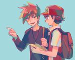  2boys backpack bag bangs baseball_cap blue_background blue_oak brown_bag brown_hair commentary_request hand_up hat holding itome_(funori1) jacket jewelry long_sleeves male_focus multiple_boys necklace open_mouth pointing pokemon pokemon_(game) pokemon_rgby red_(pokemon) shirt short_hair short_sleeves simple_background smile spiky_hair teeth tongue upper_body upper_teeth 