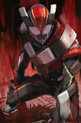 1boy armor brown_armor chocodon_(white_chocolate) cowboy_shot english_text gun highres holding holding_gun holding_weapon ikanyoikanikan kamen_rider kamen_rider_gavv_(series) kamen_rider_valen male_focus partially_submerged power_armor solo text_print weapon