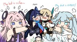  >_< 3boys 3girls :> absurdres animal_ears aqua_eyes aqua_hair armlet arrow_print bat_ears black_footwear black_gloves black_hood black_jacket black_leotard black_pants black_shirt black_sleeves black_undershirt blonde_hair blue_hair blue_hat blue_scarf blunt_bangs blunt_tresses blush blush_stickers bracelet braid carrying cheek-to-cheek cheek_bulge chibi child_carry citlali_(genshin_impact) cleavage_cutout closed_eyes closed_mouth clothing_cutout competition cowlick cursive dress english_text faruzan_(genshin_impact) feather_hair_ornament feathers fingerless_gloves floating_hair_ornament genshin_impact gloves gradient_hair grandmother_and_grandson hair_between_eyes hair_intakes hair_ornament hair_rings hair_tubes hat heads_together heart highres jacket jewelry jingasa jitome kaveh_(genshin_impact) leaf leaf_hair_ornament leotard long_hair multicolored_hair multiple_boys multiple_girls nahida_(genshin_impact) necktie open_clothes open_jacket ororon_(genshin_impact) outstretched_arms pants parted_bangs pink_hair pink_necktie purple_hair purple_necktie scaramouche_(genshin_impact) scarf sesield shirt shoes short_sleeves shoulder_cutout sidelocks sleeveless_leotard streaked_hair sweatdrop torn_clothes torn_pants triangle_facial_mark triangle_print twin_braids twintails v-shaped_eyebrows violet_eyes wanderer_(genshin_impact) white_background white_dress white_shirt white_sleeves wristlet x_hair_ornament yellow_footwear 