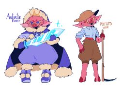  2boys alternate_costume animal_ears animal_nose blue_cape blue_eyes blue_footwear blue_gloves blue_pants boots brown_hat brown_pants cape collared_shirt colored_sclera commentary crown dual_persona english_commentary english_text full_body fur-trimmed_boots fur-trimmed_cape fur-trimmed_hood fur-trimmed_sleeves fur_trim furry furry_male gloves gold_crown hat highres hoe holding holding_hoe holding_sword holding_weapon hood hood_up hooded_cape hooves hypixel hypixel_skyblock male_focus minecraft_sword minecraft_youtube multiple_boys open_mouth pants pig_boy pig_ears pig_nose pig_tail pink_fur pointed_crown pom_pom_(clothes) puffy_pants red_eyes red_sash sash shirt simple_background sleeves_rolled_up smpearth sparkle standing straw_hat sword tail technoblade tusks vivi_(viridescenttemple) waist_sash weapon white_background white_shirt yellow_sclera 