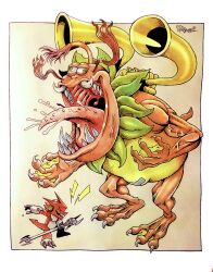  >_< 2021 2boys @_@ antennae claws closed_eyes colored_skin digimon digimon_(creature) facial_hair frog_boy hand_up highres holding holding_microphone holding_microphone_stand horn_(instrument) inktober leaf leaning_forward long_mustache long_tongue male_focus microphone microphone_stand multicolored_skin multiple_boys muscular music mustache open_mouth outie_navel painting_(medium) rap_battle red_skin saliva sharp_teeth short_tail shoutmon singing smile tail taragraphika teeth tongue tongue_out tonosamagekomon traditional_media two-tone_skin uvula wall-eyed watercolor_(medium) webbed_feet webbed_hands yellow_skin 