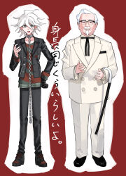  2boys :d absurdres beard black_footwear black_jacket black_pants cane chain chain_leash collar collarbone colonel_sanders danganronpa_(series) danganronpa_another_episode:_ultra_despair_girls facial_hair formal glasses highres holding holding_cane jacket kfc komaeda_nagito leash long_sleeves male_focus metal_collar multiple_boys open_clothes open_jacket pants red_background red_shirt sa_(3_tyo_3) semi-rimless_eyewear servant_(danganronpa) shirt smile standing striped_clothes striped_shirt teeth upper_teeth_only white_hair white_jacket white_pants 