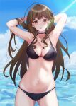  1girl 777nasu :o absurdres ahoge armpits arms_up ass_visible_through_thighs bikini black_bikini black_choker blue_sky blush braid breasts brown_hair choker clouds cowboy_shot french_braid groin halterneck highres idolmaster idolmaster_shiny_colors kuwayama_chiyuki large_breasts light_rays long_hair looking_at_viewer midriff navel ocean outdoors skindentation sky solo straight_hair swimsuit very_long_hair water_drop wet wet_hair 