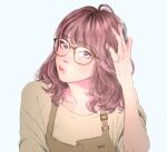  1girl apron brown_hair eyelashes freckles glasses hand_in_hair head_tilt highres holding holding_pen lips looking_at_viewer ma2 medium_hair original pen pink_eyes pouty_lips shirt solo white_background 