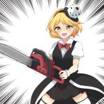  black_skirt black_vest blonde_hair bow bowtie buttons chainsaw collared_shirt cowboy_shot dice_hair_ornament earrings eyebrows_visible_through_hair hair_ornament highres holding holding_chainsaw jewelry len&#039;en open_mouth ougi_hina pleated_skirt puffy_short_sleeves puffy_sleeves red_bow red_bowtie red_neckwear shirt short_hair short_sleeves simple_background skirt thigh-highs v-shaped_eyebrows vest white_background white_legwear white_shirt xeno_a yellow_eyes zettai_ryouiki 
