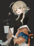  1girl :d ahoge arknights bangs black_background black_sweater blonde_hair coffee_beans cup disposable_cup green_eyes holding holding_cup jacket long_sleeves looking_at_viewer mayer_(arknights) mikojin off_shoulder orange_jacket short_hair_with_long_locks smile solo steam sweater upper_body 