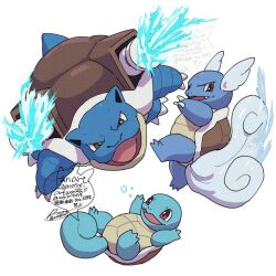  blastoise brown_eyes bubble claws commentary evolutionary_line fang no_humans open_mouth pokemon pokemon_(creature) sagemaru-br signature squirtle tongue wartortle water white_background 