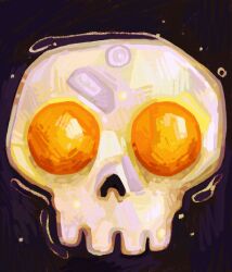  black_background breakfast color_contrast commentary egg egg_(food) egg_yolk english_commentary film_grain food food_focus fried_egg hatching_(texture) high_contrast highres looking_at_viewer no_humans orange_eyes original purple_background quezify scribble scribble_background simple_background skull skull-shaped_food 
