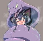  1girl anchor_symbol arbok black_hair blush constriction crossover fangs grey_background hair_between_eyes kantai_collection miyao_ryuu open_mouth pokemon pokemon_(creature) short_hair_with_long_locks simple_background tears thick_eyebrows tokitsukaze_(kancolle) tongue violet_eyes 