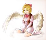  1girl angel_wings bangs blonde_hair bow brown_vest enohisa_toho feathered_wings frilled_skirt frills gengetsu_(touhou) hair_bow highres juliet_sleeves long_sleeves open_clothes open_vest parted_bangs parted_lips puffy_sleeves red_bow red_neckwear shirt short_hair sitting skirt touhou touhou_(pc-98) vest wariza white_shirt white_skirt wings yellow_eyes 