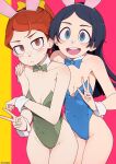  2girls absurdres animal_ears bare_shoulders black_hair blue_bow blue_bowtie blue_eyes blue_suit blush bow bowtie closed_mouth detached_collar frown green_bow green_bowtie green_suit hand_on_another&#039;s_shoulder highres little_witch_academia long_hair looking_at_viewer multiple_girls once_11h open_mouth pink_background playboy_bunny rabbit_ears red_eyes redhead simple_background smile teeth upper_body upper_teeth v wrist_cuffs 