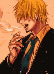  1boy blonde_hair cigarette commentary_request facial_hair formal goatee green_necktie hair_over_one_eye highres holding holding_cigarette long_sleeves male_focus mustache_stubble necktie one_eye_covered one_piece open_mouth sanji_(one_piece) shirt short_hair smoke smoking solo stubble suit teeth tsuyomaru white_shirt 