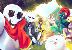 1other 2022 2d 3girls 5boys alphys alternate_costume ambiguous_gender animal annoying_dog anthro asgore_dreemurr beard blonde_hair blue_jacket blue_skin brothers brown_hair brown_shorts cape child closed_eyes commentary couple day digital_media dinosaur dinosaur_girl dog dress duplicate ear_fins english_commentary everyone facial_hair female fins fish fish_girl floppy_ears flower flowey_(undertale) friends frisk_(undertale) furry furry_female furry_male glasses gloves goat goat_boy goat_ears goat_girl goat_horns goat_tail grass green_dress group hair hand_on_own_cheek hand_on_own_face head_fins high_ponytail horns human humanoid jacket lizard lizard_girl lizard_tail long_dress long_hair looking_at_another looking_at_each_other looking_at_viewer male mammal monster monster_boy monster_girl no_eyepatch open_mouth outdoors papyrus_(undertale) picnic picnic_basket picnic_blanket plant ponytail red_cape red_gloves red_hair reptile reptile_girl reptile_tail running sans_(undertale) scalie selfie short_hair shorts siblings sitting skeleton sky sunglasses tail tail_tuft teeth themidnightsunset tongue tongue_out toriel tree undead undertale undyne utdr_(toby_fox) v white_dog white_fur white_horns yellow_flower yellow_skin