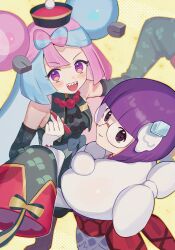 2girls bare_shoulders black_bow blue_hair bob_cut bow bow-shaped_hair character_hair_ornament collar crystal_hair_ornament detached_sleeves furukawa_raku glasses hair_ornament highres iono_(fall_2024)_(pokemon) iono_(pokemon) japanese_clothes kimono large_bow long_hair long_sleeves low-tied_long_hair magnemite multicolored_hair multiple_girls official_alternate_costume open_mouth pink_hair pokemon pokemon_masters_ex red_sash sash sharp_teeth shauntal_(fall_2024)_(pokemon) shauntal_(pokemon) sleeveless sleeves_past_fingers sleeves_past_wrists smile split-color_hair teeth twintails very_long_sleeves violet_eyes white_bow white_collar white_kimono
