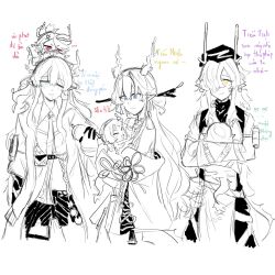  baby bandeau bead_bracelet beads bracelet calligraphy coat dragon_bubble_(arknights) dragon_girl dragon_horns dragon_tail drunk dusk_(arknights) earrings eastern_dragon_tail fiery_tail flame-tipped_tail highres holding horns jewelry jie_(arknights) ling_(arknights) multicolored_hair multiple_girls nian_(arknights) non-web_source open_clothes open_coat pants pointy_ears shirt shu_(arknights) siblings strapless strapless_shirt streaked_hair tail tassel tassel_earrings tube_top white_coat white_pants white_tube_top 