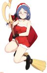  1girl absurdres bare_shoulders black_footwear black_gloves blue_hair breasts broom broom_riding closed_mouth frown glasses gloves hat highres holding holding_wand little_witch_academia looking_away looking_to_the_side medium_breasts medium_hair once_11h red_bag red_eyes santa_dress santa_hat simple_background solo ursula_charistes wand white_background 