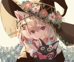  1girl animal animal_ears bangs black_cat black_dress black_headwear blue_hair brown_eyes brown_hair cat cat_ears closed_mouth commentary dress eyebrows_visible_through_hair flower hair_between_eyes hat hat_flower head_tilt heart highres looking_at_viewer multicolored_hair oimo_imoo original red_flower redhead smile solo streaked_hair upper_body white_flower witch witch_hat 