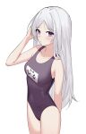  1girl absurdres bangs bare_arms bare_shoulders black_swimsuit blue_archive blush breasts closed_mouth collarbone commentary_request covered_navel eyebrows_visible_through_hair grey_hair hand_up highres hina_(blue_archive) long_hair looking_at_viewer nagisa_(cxcx5235) name_tag one-piece_swimsuit parted_bangs partial_commentary school_swimsuit simple_background single_hair_intake small_breasts solo swimsuit very_long_hair violet_eyes white_background 