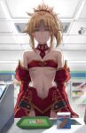  1girl bandaid bandeau bangs bare_shoulders blonde_hair braid breasts closed_eyes closed_mouth collarbone detached_collar detached_sleeves fang fate/apocrypha fate_(series) french_braid highres long_hair mordred_(fate) mordred_(fate/apocrypha) parted_bangs ponytail shaded_face sidelocks small_breasts smile tonee 
