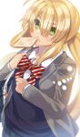  1girl ahoge akio_(akio1124) alternate_costume artoria_pendragon_(caster)_(fate) artoria_pendragon_(fate) bag bangs blonde_hair blue_vest blush bow bowtie collared_shirt commentary_request eyebrows_visible_through_hair fate/grand_order fate_(series) food food_in_mouth green_eyes grey_jacket hair_between_eyes highres jacket long_hair long_sleeves looking_at_viewer mouth_hold open_clothes open_jacket saint_quartz_(fate) school_bag school_uniform shirt sidelocks solo striped striped_bow striped_bowtie toast toast_in_mouth twintails uniform upper_body very_long_hair vest white_background white_shirt 