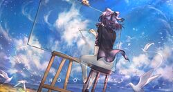  1girl a-chan_(hololive) bird black_sweater blue_hair bow clouds english_commentary flying from_behind hair_bow highres holding holding_paintbrush hololive jun_wei paintbrush painting painting_(object) pants purple_bow seagull short_hair short_ponytail sky solo sweater virtual_youtuber white_pants 