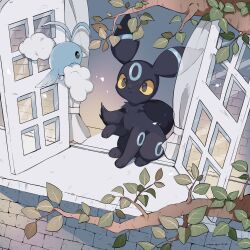  alternate_color bird black_eyes closed_mouth colored_sclera full_body highres leaf merino_(merino_9999) no_humans pokemon pokemon_(creature) shiny_pokemon sitting smile swablu tree umbreon window yellow_sclera 